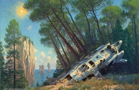 (impressionism:1.05), (Vincent Di Fate:0.9), A crashed spaceship , Cliff/Bluff, pine forest, scenery,a painting,scene painting,