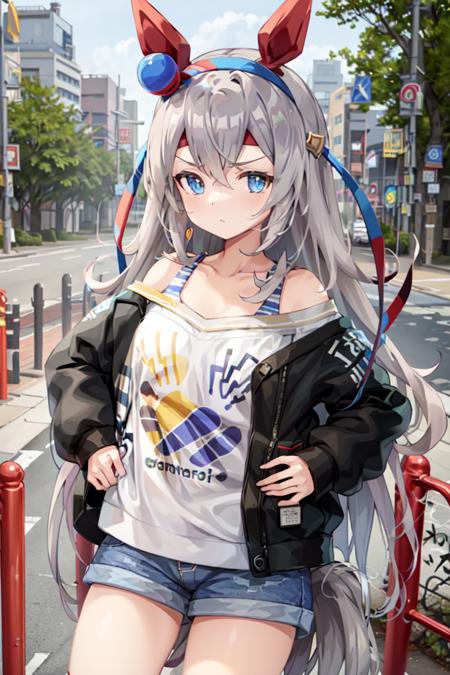 masterpiece, best quality,
tamamo cross \(umamusume\),
collarbone, shirt, long sleeves, denim shorts, sneakers,
<lora:tamamo_cross_lora:0.9>