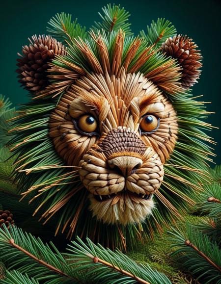 <lora:Pines_and_Needles:0.7>pines and needles,pines,needles,
Top quality, amazing quality, masterpiece,
absurd, SFW, cinematic lighting,
cartoon lion made of pine needles, creepy, surreal, distorted, humorous,, <lora:Midjourney Image Enhancer XL v1:0.8>