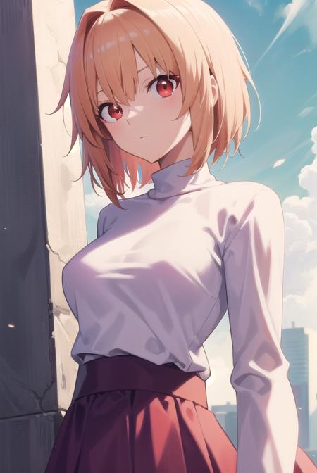 arcueid, <lora:acueidtest:1>,
arcueid brunestud, blonde hair, (red eyes:1.5), short hair, ahoge,
BREAK long skirt, (purple skirt:1.1), skirt, sweater, turtleneck, white sweater,
BREAK looking at viewer,
BREAK outdoors, city,
BREAK <lora:GoodHands-vanilla:1>, (masterpiece:1.2), best quality, high resolution, unity 8k wallpaper, (illustration:0.8), (beautiful detailed eyes:1.6), extremely detailed face, perfect lighting, extremely detailed CG, (perfect hands, perfect anatomy),