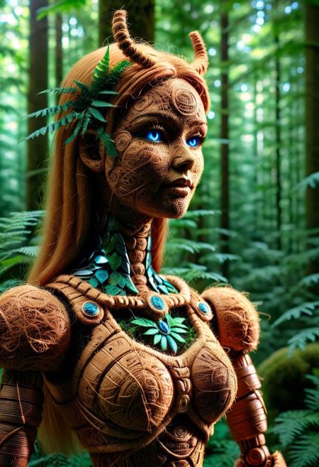 Ultrarealistic. sharp focus, dynamic lighting. play of light, reflection, refraction, Raytracing, Ultra detailed. A gorgeous and beautiful female robot made of pamcocomat in a mystical forest.