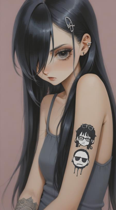 best quality, aesthetic, detailed, by yogisya, young girl, lol-i, 1girl, solo, long hair, black hair, hair over one eye, piercing, head on arm, frown