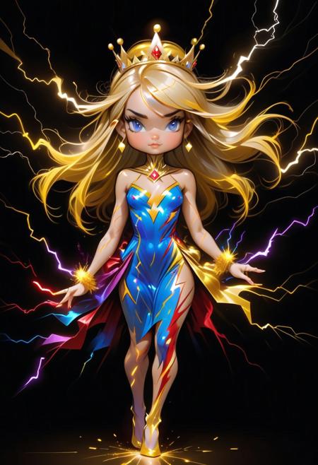 masterpiece,best quality,amazing quality, mature, clean lines, subtle lighting, bold outlines, cel shading, very aesthetic, absurdres, newest, solo, 
drawing, pointy nipples, ssnipples, cartoon, medium breasts,
1girl, beautiful blonde girl, long hair, (lthndrtrl dress, lthndrtrl hair, lthndrtrl crown:1.3),
 standing, open legs, defying pose, hinted pantyshot,
made of golden and blue and red and yellow and purple lightning thunder trails