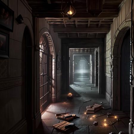 (masterpiece:1.2), (best quality,:1.2), 8k, highly detailed, fantasy, (extremely intricate), (photorealistic), professional light, cinematic lighting, ambient lighting, FanLan, <lora:FantasyLandscape-10:1>, a dark hallway with a light at the end