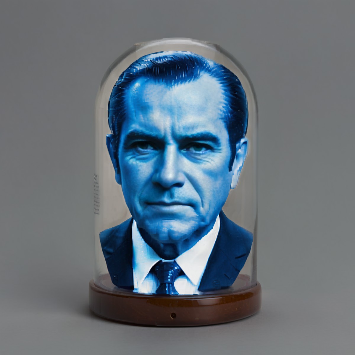 For a realistic style image of President Nixon's full-sized head encased in a transparent glass container: 'A hyper-realis...