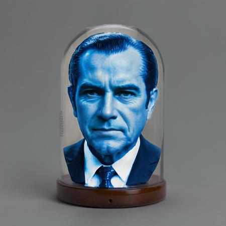 For a realistic style image of President Nixon's full-sized head encased in a transparent glass container: 'A hyper-realistic depiction of President Richard Nixon's head, meticulously detailed, captured in a lifelike pose. His features are sharply defined, with the characteristic jowls, deep-set eyes, and prominent nose. The head is preserved within a crystal-clear glass container, showcasing every detail from the furrowed brows to the subtle textures of the skin. The container reflects ambient light, adding a surreal quality to the composition, with Nixon's expression appearing both serene and enigmatic, <lora:blue_ar:0.85>,blue