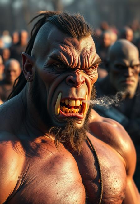 A full-body view of a roided-out oiled orc with prominent lower canines and rippling muscles intensely looking off to the side with out-of-focus orcs of different skin tones in the background, warpaint, and facial and body piercings, with the sun highlighting individual fine sparse facial hairs and light bloom and lens flare. He is exhaling a fine spray of condensation and spit in the cold morning air.