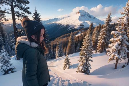 best quality, masterpiece, view from a snowy peak, pine trees, dirt road, girl in winter clothes