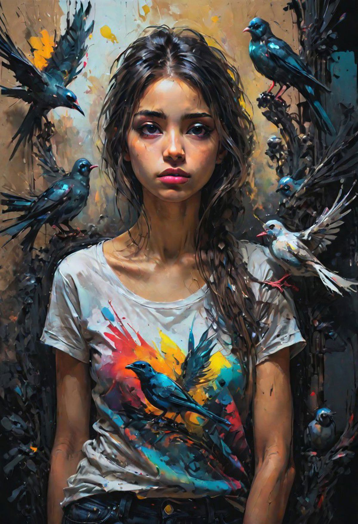 A girl with a white t-shirt and a painting of birds on it.