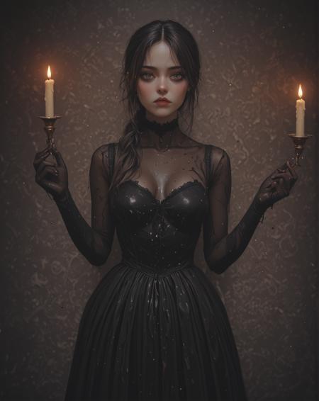 Upper body photo of (1Female emerging from the shadows:1.2). Detailed expressive sad dead grey eyes. Black liquid floods the room coming out of the walls and dripping from the ceiling, and swirls around her on the ground. The texture of the liquid appears thick and sticky with bubbles and splashes around it. Seductive look. Wearing a Victorian-era dress. Intense lighting from candles hung on the walls. Fear, anxiety, claustrophobia, horror, macabre, wet, moist. Photorealistic, Natural atmospheric lighting, intricate details, 35mm photograph, film, professional, 4k visuals, highly detailed, elegant, studio quality.