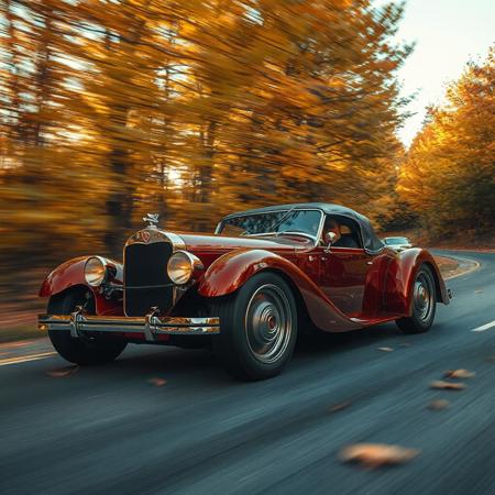 A scenic shot of an Autumn road as a steampunk style sports care drives on the road blowing colorful Autumn leaves around it in a blur of speed. the Sports Car is a hybrid of an old Model A, 1960's swift back muscle car, and a neo modern angle with rounded hood styling. Its body panels shine and glimmer as if composed of a magic dark red paint, creating an aura of magic as it races forward in a blur of shimmering lines.