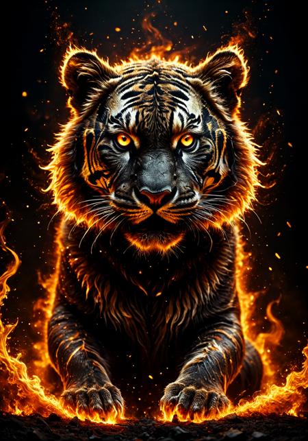 masterpiece, extremely detailed, sharp outlines, high contrast,  fine details, intricate, fantasy,  flamestyle,  tiger silhouette,  (black silhouette:1.2),  energy, fire particles,  intricate background, bokeh,  fire swirl patterns,, flux-style, Flame_Style-000009<lora:aidmaFluxStyleXL-v0.2.safetensors:0.32000000000000006:0.32000000000000006> <lora:challenge\Pony\Flame_Style-000009.safetensors:0.6000000000000001:0.6000000000000001>