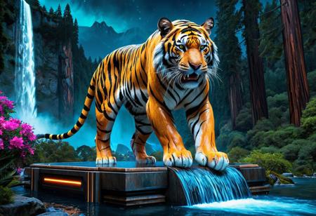 (masterpiece:1.5), unreal 8k wallpaper, unity 8k wallpaper, score 9, score 8 up, score 7 up, masterpiece_portrait, extreme quality, reflection, surface reflection, dynamic lighting, Cinematic style, cinematic quality, ((no humans, no people)), photorealistic, realistic, a spectrum of iridescent colors, precise, fractal design, flowing curves, precision, colorful, fractal geometry, harmonic interference, digital illustration, photo manipulation, altered realities, fantastical scenes, digital artistry, striking visuals, sharp focus, detailed background, light reflection, cyberpunk mechanical tiger with boundless opportunities and style, (an enormous cyberpunk mechanical tiger standings on top of an enormous marble platform), a beautiful enormous cyberpunk mechanical tiger standing on top of an enormous marble platform  at the rim of a giant redwood forest, mountains in the background, giant redwood trees, (a flowing stream with a waterfall), realistic, photorealistic, night sky, futuristic, ancient world, long forgotten, flowing water, (high futuristic), luminescent flowers, (luminescent water, luminescent waterfall), (a strange and beautiful world), sharp background details, water rapids, flowing water, (extremely detailed  cyberpunk mechanical tiger), (close up), (metal body, polished body), starry sky,  alien sky, (closed mouth), (inspired by cyberpunk)