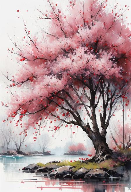 a painting of (Cherry tree in an island), watercolor painting, artstation, concept art, smooth, sharp focus, illustration in the style of artists like Russ Mills, Sakimichan, Wlop, Lois, Art Germ, Darek Zabrocki, and Jean-Baptiste Monge, ultra HD masterpiece, award winning work.  ths_tapestry