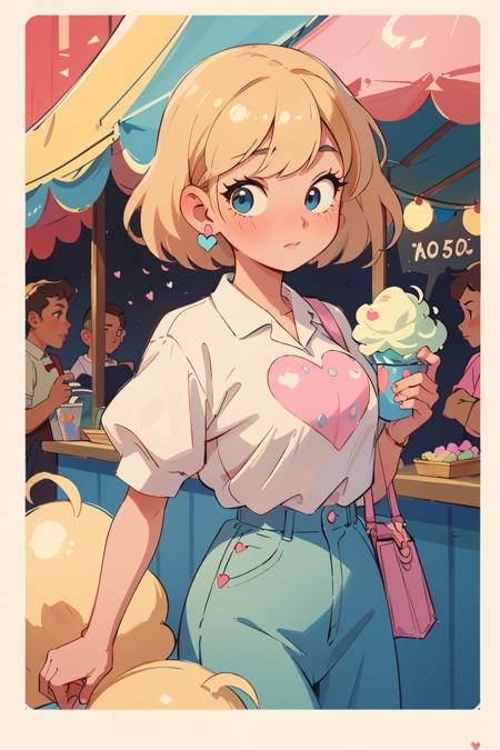 ((masterpiece)),illustrations,a beautiful woman holding cotton candy at a carnival in the shape of a heart,polaroid,high quality,1950s vacation,1950s hairstyle and clothes,blonde hair,