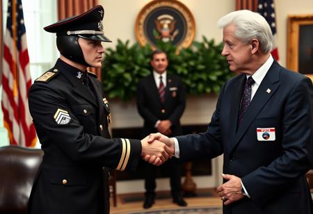 classic cobra commander in an immaculate military dress uniform posing for photo shaking hands with president clinton of the united states in sharp suit inside the oval office, real photograph, infusion of gi joe and ww2 german style, photorealistic, correct hands, correct fingers, presidential seal, vote button, campaign photo, election, elegant scene, cobra insignia