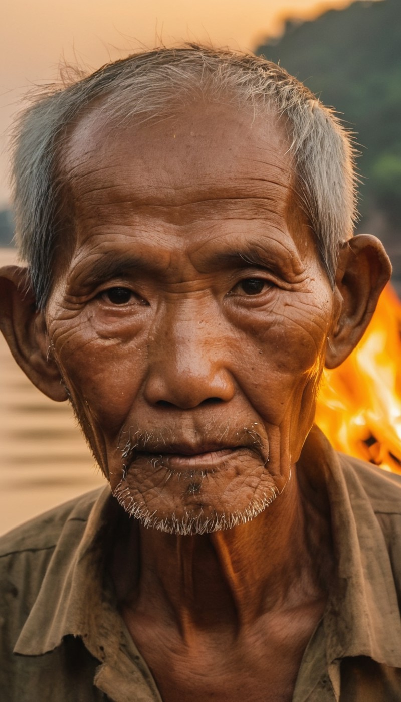A close-up of a Vietnamese old man's face, illuminated by the light of a fire, with a backdrop of a dirty river and a shan...
