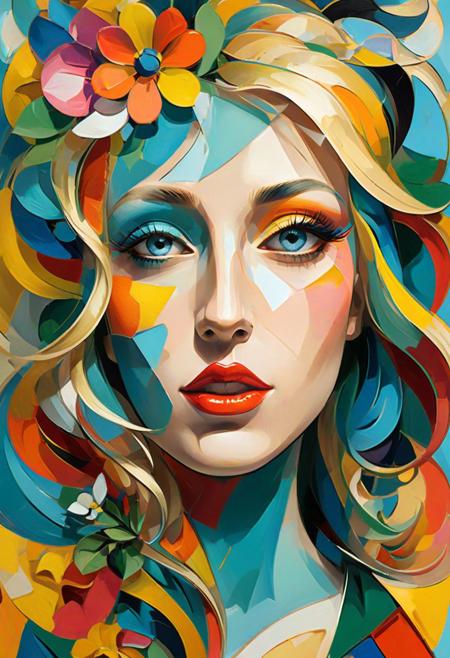 Vibrant and dynamic illustrations and vectors, bursting with color and life, offer viewers a visual feast for the eyes.A woman face, long golden blond hair, loose, windy. colorful flowers around her. By Pablo Picasso, Cubism style, Nouveau Realisme style, 3D max.. Colorful Glass paint. Modern.3ds Max.