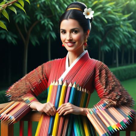 Pencil_morph_style, score_10 , score_9, score_8_up, score_8, Masterpiece, High Details, HD, 8K, Photorealistic, perfect, High Quality, a woman, asian, black hair, brown eyes, chinese clothes made of pencils, pencil texture, clothes made of pencils, medium body shot, smiling, dress made of pencils, earrings, pencil patterns, highly detailed, photorealistic, fence, print, flower, hair bun, hair ornament, hair stick, hand up, jewelry, leaf, light skin, light smile, lipstick, long hair, long sleeves, looking at viewer, makeup, moon, night, outdoors, parted bangs, plant, railing, red lips, single hair bun, sky, sleeves past wrists, slim, solo, standing, updo, upper body, red and white hanfu, white flower, wide sleeves,