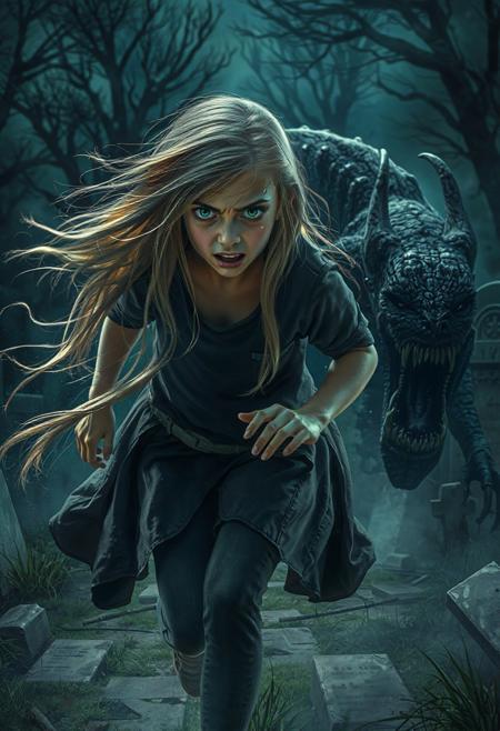 n a dark and foreboding graveyard, a monstrous beast flees from the fury of a young woman. Long blonde hair flows in the night air as she chases it, her piercing eyes filled with anger and determination. Tears stream down her face, yet she remains unwavering in her pursuit. dark theme, The horror theme is palpable; an atmosphere of dread hangs heavy in the air. A graveyard full of ancient tombstones looms ominously behind them, adding to the surreal scene. Amidst all this chaos and terror, there is an undeniable sense of bravery emanating from this determined heroine.