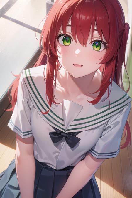 kitaikuyo, <lyco:ikuyokita-lyco-nochekaiser:1>, 
ikuyo kita, (green eyes:1.5), hair between eyes, long hair, one side up, red hair, (flat chest:1.2), smile,
BREAK black footwear, black skirt, grey sailor collar, pleated skirt, sailor collar, school uniform, shoes, short sleeves, shuka high school uniform, skirt,
BREAK indoors, classroom,
BREAK looking at viewer, (cowboy shot:1.5),
BREAK <lyco:GoodHands-beta2:1>, (masterpiece:1.2), best quality, high resolution, unity 8k wallpaper, (illustration:0.8), (beautiful detailed eyes:1.6), extremely detailed face, perfect lighting, extremely detailed CG, (perfect hands, perfect anatomy),