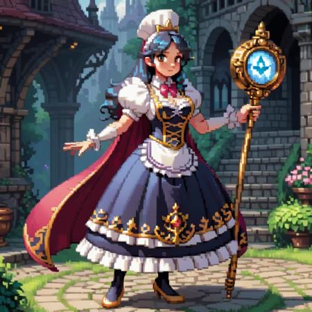 For an image of a cartoon-style video game character: A well-proportioned female magician dressed in a maid outfit, exuding a blend of elegance and mystical charm. She stands confidently, with a staff in hand, showcasing ornate magical symbols. The costume is a blend of classic maid attire and magical elements, featuring frilly apron details and a flowing cape. Her expression is playful yet focused, capturing the essence of a character ready for both service and sorcery. The background is a whimsical, enchanting setting, fitting for a fantasy game world, <lora:pixelgirl2:0.75>