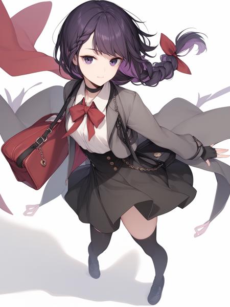 miki zf,fingerless gloves,thighhighs,black hair,purple eyes,red bow,shirt,shoes,black choker,looking at viewer,long hair,braid,jacket,high-waist skirt,hair ribbon,purple hair,shoulder bag,colored inner hair,loafers,portrait,hand on own chin,