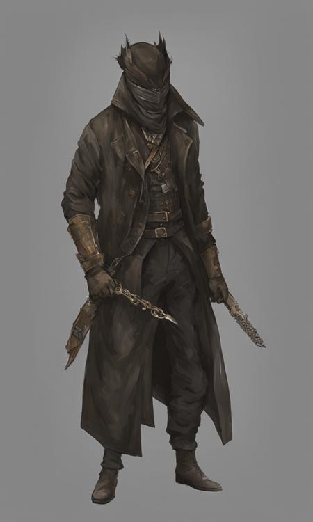 hunter, solo, looking at viewer, red eyes, 1boy, hat, male focus, artist name, coat, black headwear, mask, chain, border, mouth mask, hunter (bloodborne) , bloodborne, fighting, complex background, high detail, 3d art, weapon, artsy, stylized