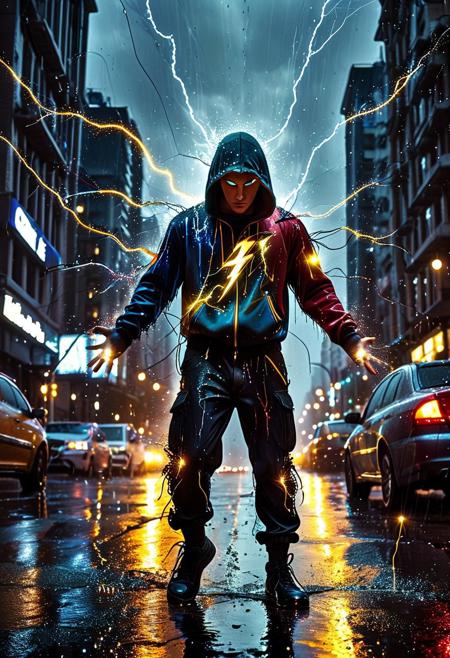 RvR_Comic_Style, dynamic full-body action shot of a male superhero made of golden and blue and red and yellow and purple lightning thunder trails, crackling with raw electrical power. He is hovering mid-air above a rain-slicked city street at night, his form a brilliant, unstable silhouette of pure energy. Arcs of electricity leap from his fingertips. He wears torn street clothes, a dark hoodie and cargo pants, barely containing the storm within him. The city lights reflect off the wet asphalt below, creating a moody, high-contrast scene. lthndrtrl, cinematic lighting, dramatic angle, particle effects.