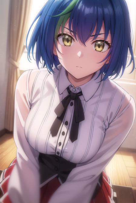 xenoviaquarta, <lora:dxd xenovia quarta anime s2-lora-nochekaiser:1>,
xenovia quarta, short hair, blue hair, (yellow eyes:1.5), multicolored hair, green hair, two-tone hair, streaked hair,
BREAK shirt, ribbon, school uniform, white shirt, black ribbon, neck ribbon, capelet, black capelet, long sleeves, skirt, red skirt,
BREAK indoors, classroom,
BREAK looking at viewer, (cowboy shot:1.5),
BREAK <lyco:GoodHands-beta2:1>, (masterpiece:1.2), best quality, high resolution, unity 8k wallpaper, (illustration:0.8), (beautiful detailed eyes:1.6), extremely detailed face, perfect lighting, extremely detailed CG, (perfect hands, perfect anatomy),