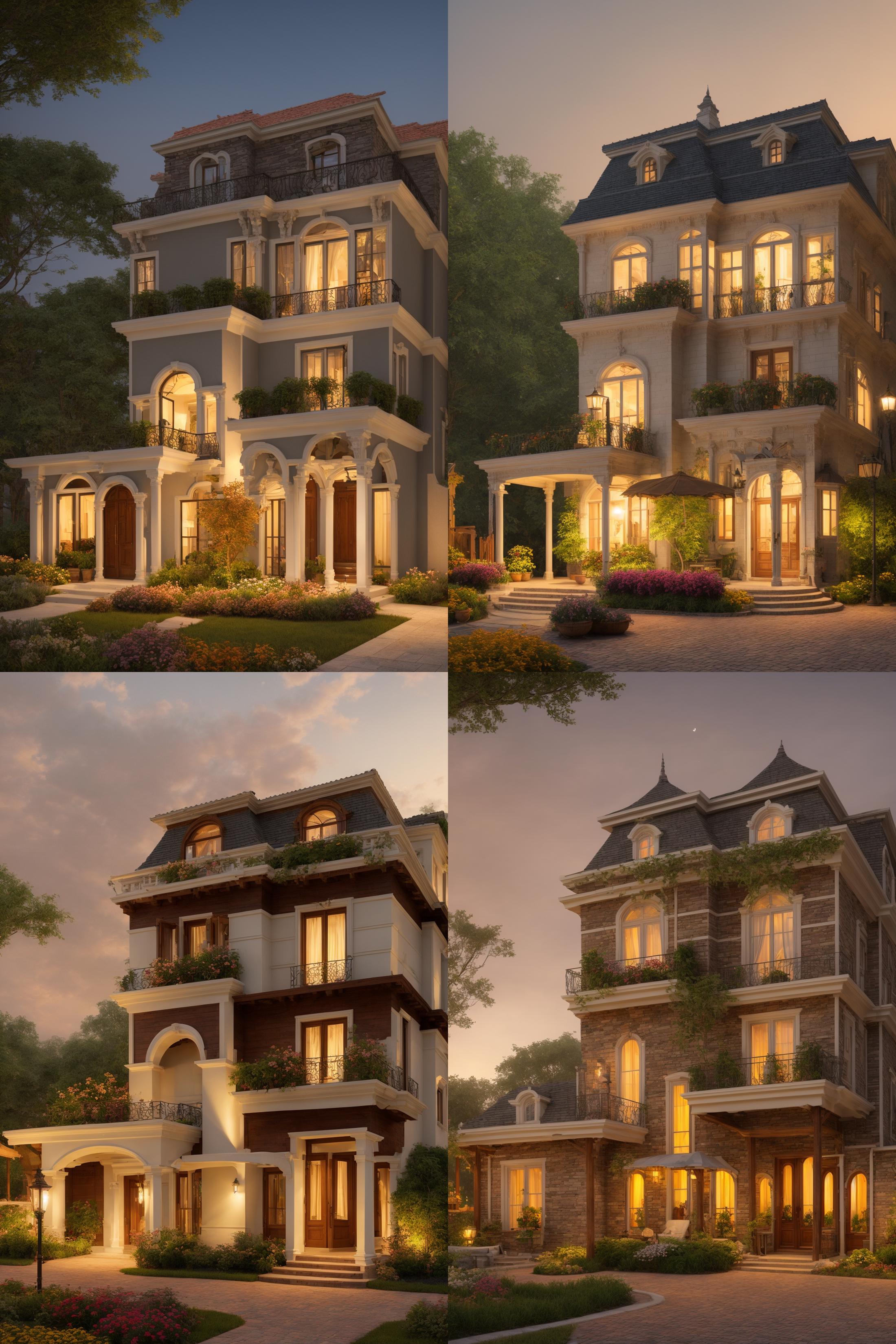 A series of three images depicting a large, well-lit house with multiple windows and balconies. The house is situated on a street with a lawn, and it is surrounded by trees.