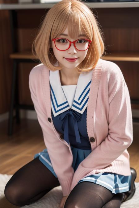 ltra-detailed,highly detailed,best quality,masterpiece,illustration,realistic,
mirai kuriyama, 1girl, cosplay, solo, pantyhose, school uniform, glasses, red-framed eyewear, skirt, blonde hair, kneeling, cardigan, serafuku, looking at viewer, smile, short hair, realistic, full body, lips, pleated skirt, shoes, black pantyhose, ribbon, brown eyes, blurry, crossdressing, sailor collar, black footwear, bangs, indoors, 
<lora:mirai kuriyama_v1_09:0.7>