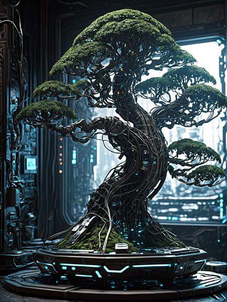 (biopunk bonsai tree:1.2) with cybernetic features, cinematic, cyberpunk elements, amazing detailed, grim sci-fi, biomorph, organic and mechanical, natural light  <lora:Dark_Futuristic_Circuit_Boards:0.6>  circuitboard, dark futuristic