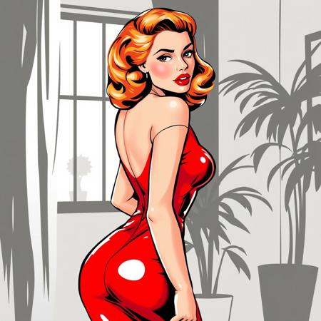 The image depicts a stylized, pin-up style illustration of a woman. The artwork features a retro aesthetic, with the woman wearing a form-fitting, glossy red dress that has a shiny, vinyl-like appearance. Her back is partially turned towards the viewer, emphasizing her curves. The woman's hair is styled in voluminous, classic waves, reminiscent of mid-20th-century glamour. Her lips are painted a bold red, matching the color of the dress, while the rest of the image has a grayscale background, creating a striking contrast with the vivid red elements. The setting appears to be indoors, with some abstracted elements such as a window and possibly a plant in the background. The image's composition and style evoke a sense of vintage allure and sophistication