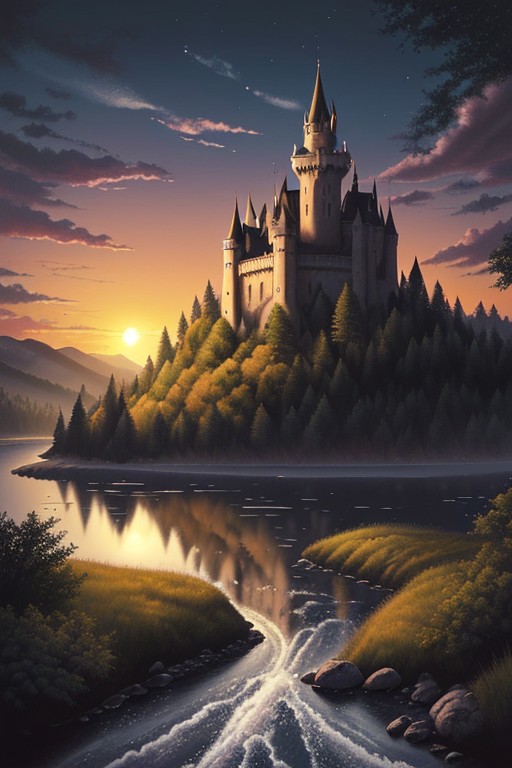 A captivating night scene illustration featuring a beautiful scene of the great out doors in the pacific northwest.. There are great mountains, pine forests, and rivers. It is an outdoorsman's dream. This enchanting artwork captures a serene and peaceful night, where the sun is just starting to rise over the beautiful hills and castle which stands resolute amidst hills of Wales, creating a cinematic experience., illustration, cinematic
<lora:DonM3t3rn1tyXL-v1.1:0.7>, DonM3t3rn1tyXL,
OverallDetailXL <lora:MJ52:0.3> <lora:SDXLFaeTastic2400:0.4> <lora:EpicF4nta5yXL:0.7>