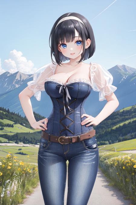 <lora:puffcorset-10:0.6>, (puffy sleeve corset), 1girl, outdoors, mountain, bob cut, standing, hands on hips, belt, jeans, lips, smile, black hair, blue eyes, large breasts, hairband