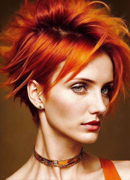 portrait of sks woman by Flora Borsi, style by Flora Borsi, bold, bright colours, orange Mohawk haircut, ((Flora Borsi)), <lora:locon_cameron_v1_from_v1_64_32:1.3>