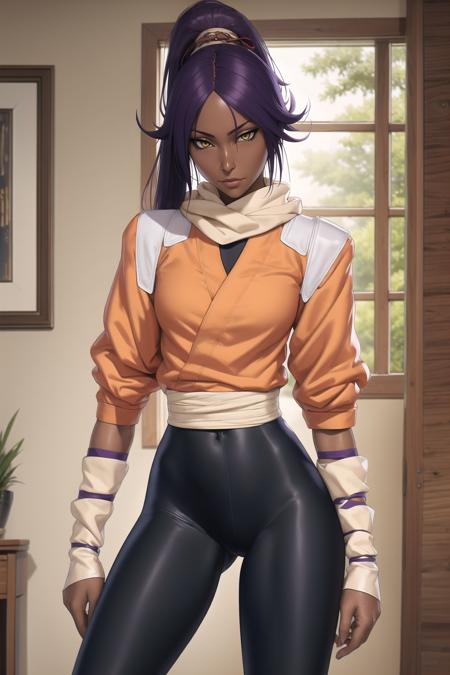 shihouin yoruichi, orange shirt, black leggings, shirt accessory, waist accessory, scarf, leg warmers, shoulder pads, detached sleeves, 1girl, solo, dark skinned female, dark skin, ponytail long hair, parted bangs, purple hair, yellow eyes,  <lora:opeLoRAv7.5:.7> , standing, cowboy shot,   <lora:Yorui-more-v1:.7>