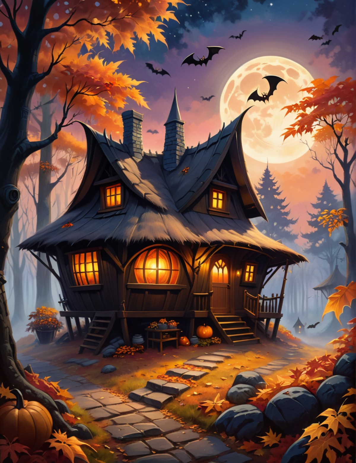 oil painting of a cozy witch's hut, in a fall foliage forest, sunset, low shadows, dusky, spiderwebs, misty, elegant, mast...
