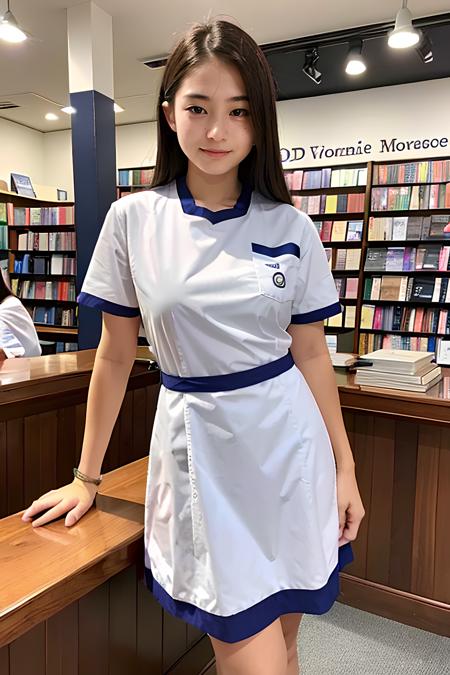 1woman, 20 yo, bookstore, (looking at viewer:1.5), masterpiece, best quality, HDR,UHD,8K, <lora:DGSUFv1:0.9>, DGS uniform , solo, hand back,