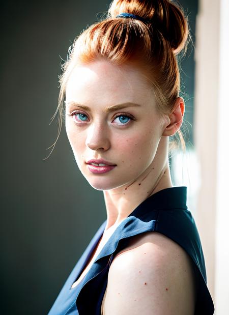 portrait of Deborah Ann Woll, lonely , wearing top , with auburn Top knot , background colosseum epic (photo, studio lighting, hard light, sony a7, 50 mm, matte skin, pores, colors, hyperdetailed, hyperrealistic), <lyco:Deborah Ann WollV7:1>