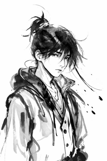 masterpiece, best quality,1boy,standing, black hair bun,cold face, upper body, (front),monochrome, greyscale,ink splash