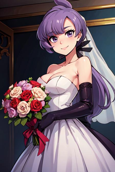 zzAnabel, purple hair, purple eyes, long hair, ponytail, ribbon, hair ribbon, bangs, black ribbon,  zzAnabel, purple hair, purple eyes, long hair, ponytail, ribbon, hair ribbon, bangs, black ribbon, black suit, formal, black tie, black gloves, 