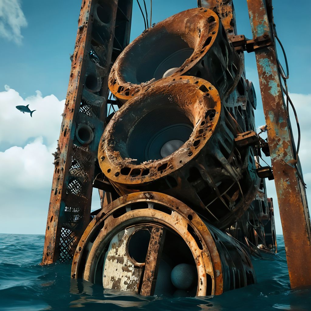A large Speaker stack structure, rusted and decayed, coming up from the deep ocean. view from below water. fish, sharks.