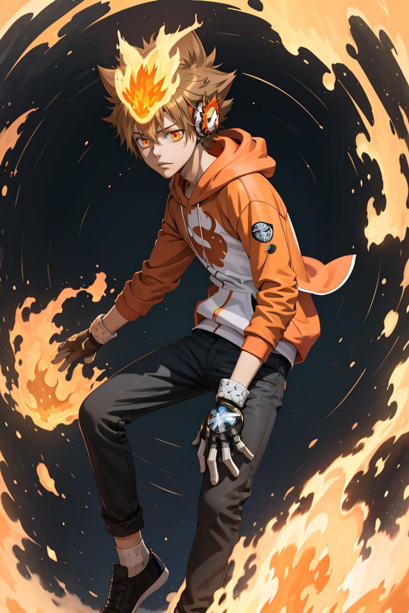 A boy with a flaming halo and orange clothes is the center of attention in this image.