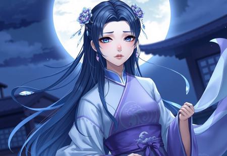 A concept art of a young woman with delicate features, pale skin, and a melancholic expression. Her cold blue-purple eyes have vertical pupils, complemented by thin dark eyebrows and slightly pressed pink lips. Long, straight dark blue hair with silver streaks flows past her waist, adorned with elegant silver hairpins shaped like flowers.
She wears a traditional Chinese outfit (hanfu or qipao) in a blue-white-purple color scheme, decorated with wave and lunar motifs. The multi-layered garment features wide sleeves and is tied with an embroidered purple sash. A light silk scarf or draped shawl flutters in the wind.
The overall style is elegant and mystical, with a touch of sorrow. The background could be a nightscape with a moon, a water feature, or traditional Chinese architecture. A soft blue-violet glow surrounds her, evoking moonlight.
Additional details: Crystal-like earrings, delicate hand accessories, subtle makeup with dark eye shadow. Her pose is calm and slightly distant, perhaps holding a fan or scroll.