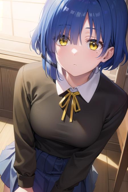 ryouyamada, <lyco:ryouyamada-lyco-nochekaiser:1>, 
ryou yamada, blue hair, eyes visible through hair, mole, mole under eye, short hair, (yellow eyes:1.5), hairclips,
BREAK black pantyhose, black ribbon, blue skirt, brown footwear, loafers, long sleeves, pantyhose, ribbon, school uniform, shimokitazawa high school uniform, shirt, shoes, skirt, white shirt,
BREAK indoors, classroom,
BREAK looking at viewer, (cowboy shot:1.5),
BREAK <lyco:GoodHands-beta2:1>, (masterpiece:1.2), best quality, high resolution, unity 8k wallpaper, (illustration:0.8), (beautiful detailed eyes:1.6), extremely detailed face, perfect lighting, extremely detailed CG, (perfect hands, perfect anatomy),