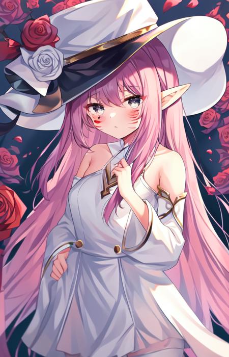 1girl, bangs, bare shoulders, by chen bin, detached sleeves, facial mark,  flower, grey eyes, hairband,large hat, long hair, looking at viewer, pink hair, pointy ears, rose, sidelocks, solo, white dress, white headwear, thighhighs