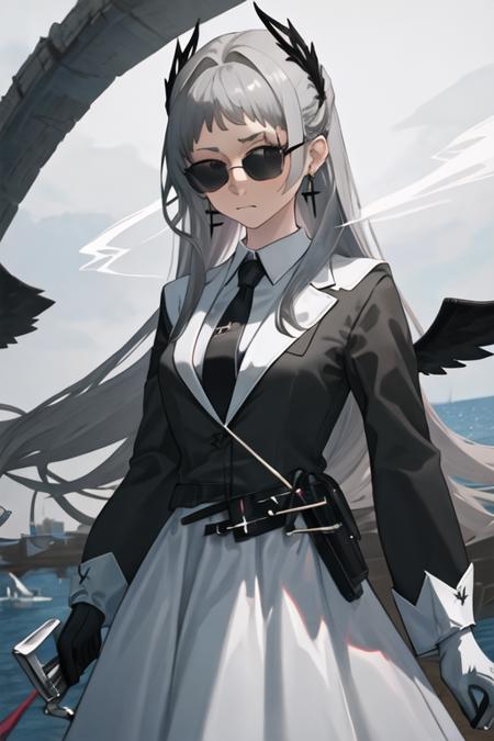 best quality, masterpiece, highres, solo, {black business suit:1.40}, {tie:1.20}, {sunglasses:1.25}, {white gloves:1.15}, {white shirt:1.10}, {black skirt:1.15}, {smoking:1.20}, handsome, {irene_arknights:1.15}, long_hair, grey_hair, head_wings, scar, scar_across_eye, grey_eyes, earrings, jewelry, scar_on_face, closed_mouth, upper_body, very_long_hair