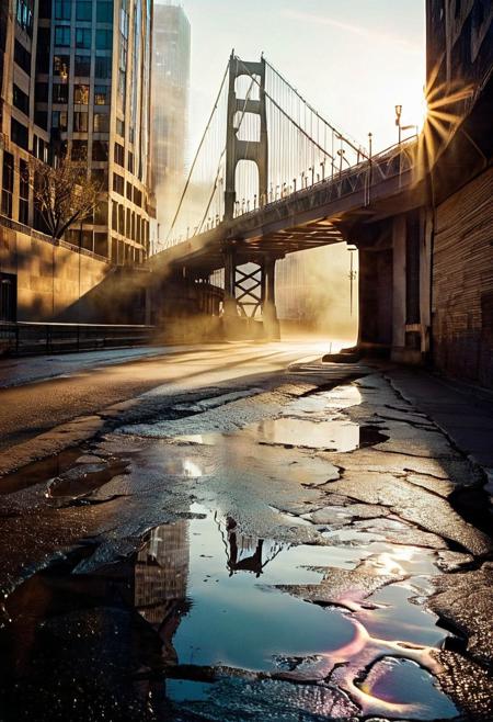 radiant city, bridges, dip, rays.puddle, the fog, the mystical light, professional photography, natural lighting, volumetric lighting maximalist. intricately detailed, complex, elegant, expansive, fantastical, film photography style, light grain, medium grain, heavy grain